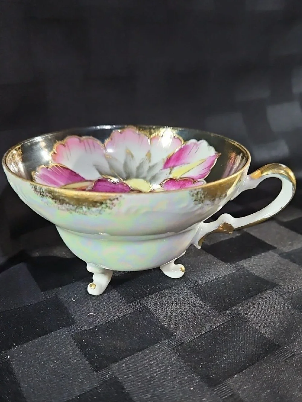 Porcelain Black Colorful Water Lily and Orchid Lustreware Teacup and Saucer